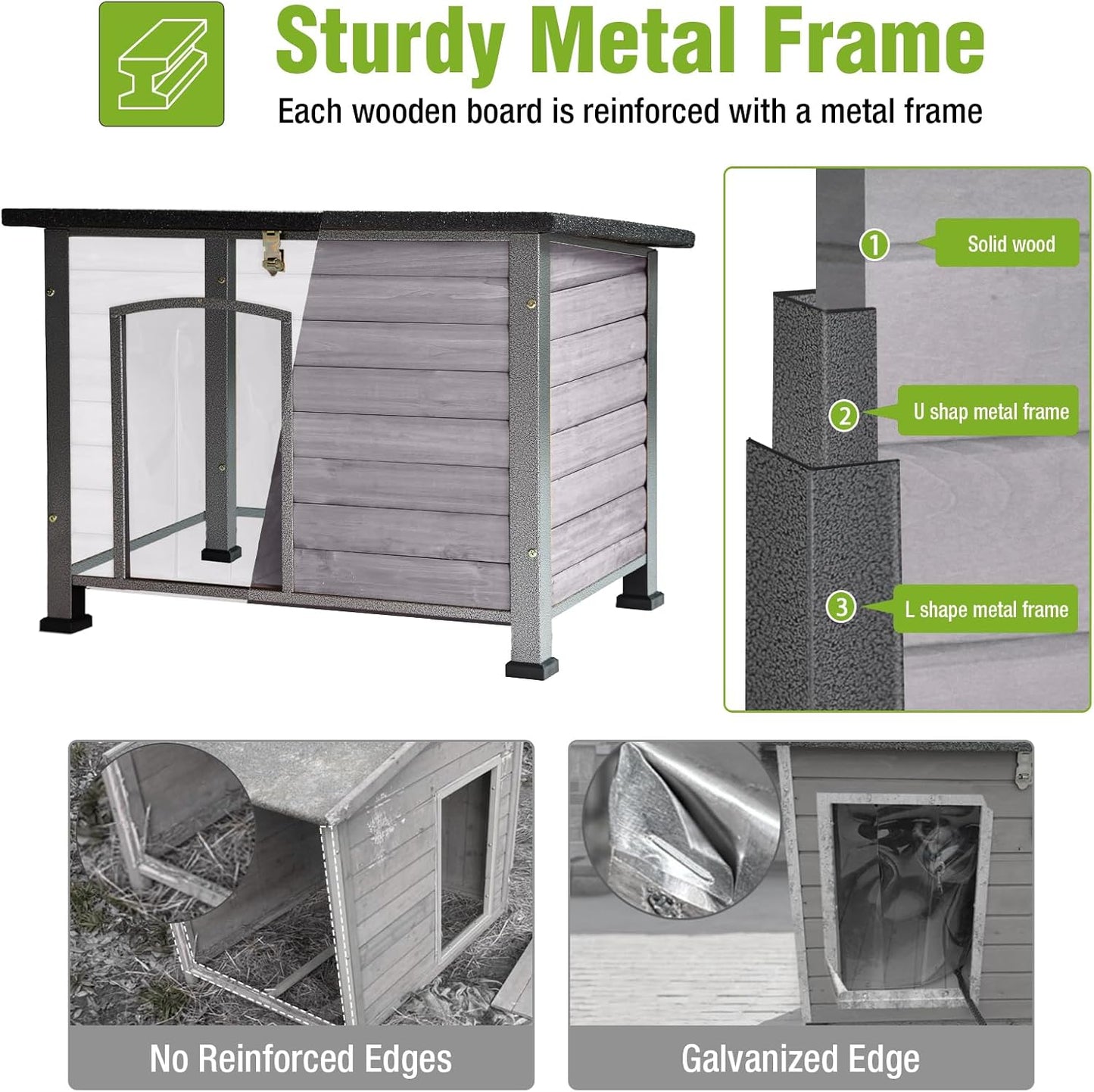 Heated Dog House Outdoor Insulated Dog Kennel with Heater, Durable Metal Frame, Chew-Resistant Cord, 6-Sided Thermal Liner, PVC Door Curtain for Winter (Grey)